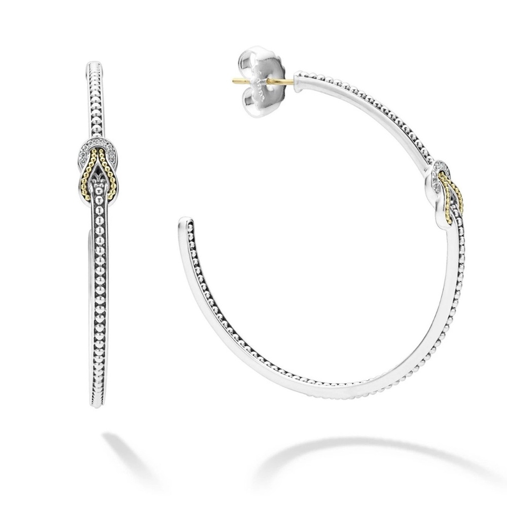 Lagos Newport Two Tone 18k Gold .925 Silver .06 Ct Diamond Caviar Hoops NWT $950